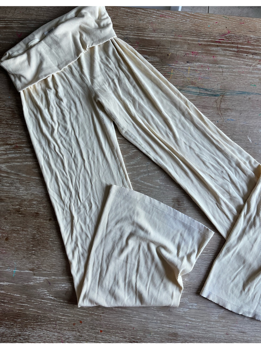 Ardene Cream Ribbed Wide-Leg Pants